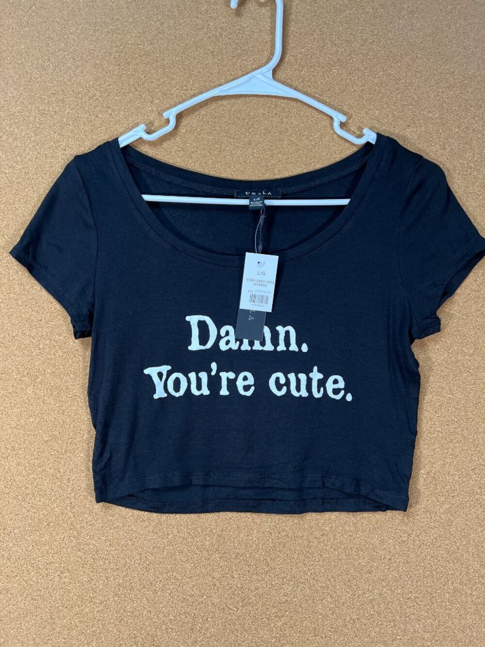 UK2LA Women Crop Top Shirt Large Black Graphic Tee Short Sleeve NWT